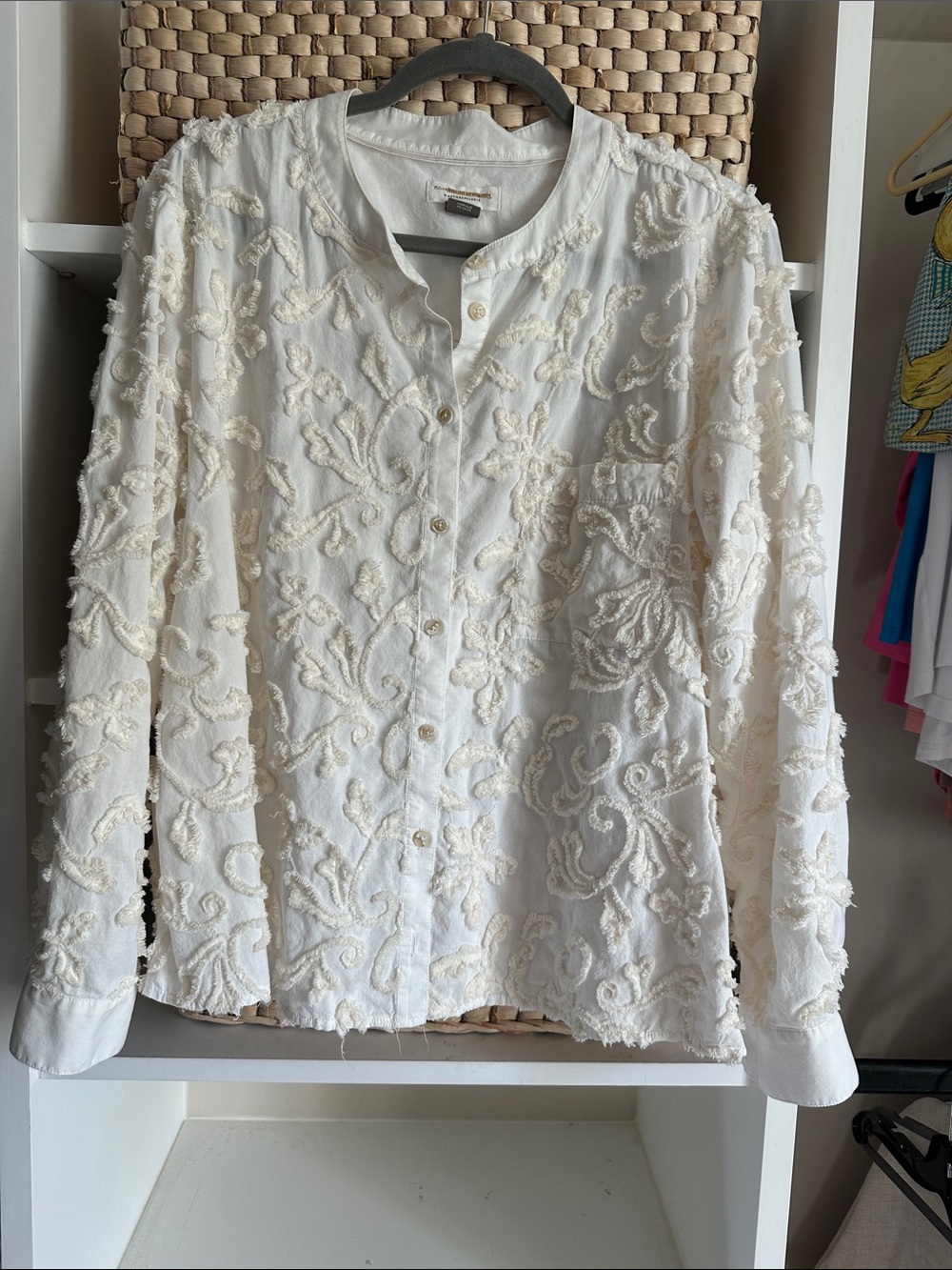 Anthropologie Cream Textured Embroidered Button-Up Blouse
